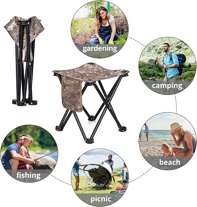Triple Tree 2 Pack Folding Camping Stool, 13.8 Inch Small Portable Lightweight Stool with Side Pocket, Foot Stool with Carry Bag for Hiking, Fishing and Beach, Hold up to 400lbs, Camouflage