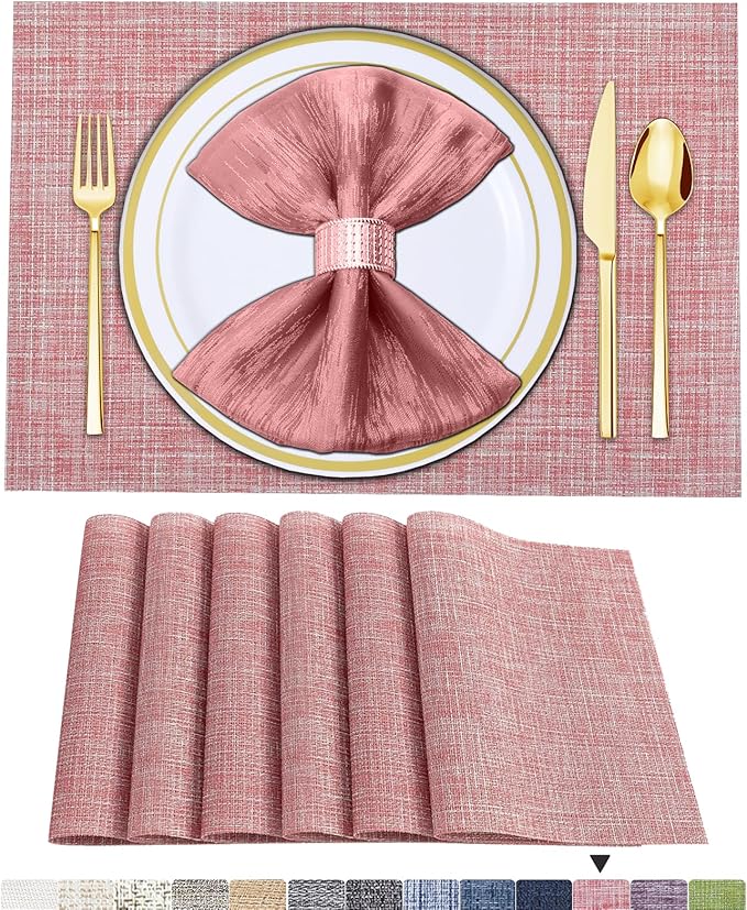 BETEAM Placemats Set of 6, Woven Vinyl Placemat for Dining Table Washable Wipeable Kitchen Place Mats Durable Indoor Outdoor Table Mats