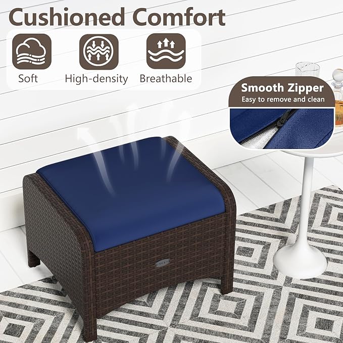Tangkula 2 Pieces Outdoor Patio PE Wicker Ottomans with Removable Cushions, Outdoor Furniture for Additional Seating, Footrest and Side Table, Outdoor Footstools for Porch, Garden and Backyard