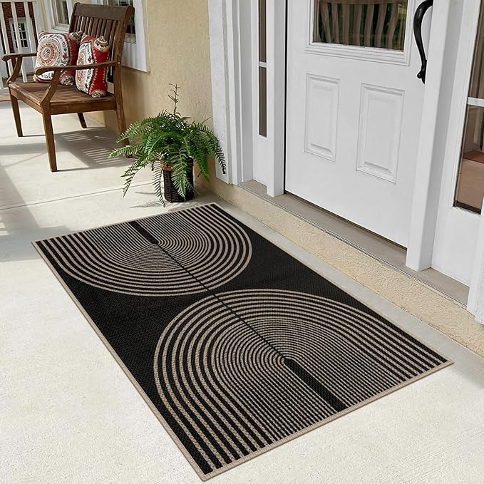 Easy Jute Rainbow Entryway Rug, 2.6x4 Black Washable Non-Slip Indoor Outdoor Doormat, Boho Farmhouse Neutral Kitchen Rug Modern Abstract Throw Rugs for Entrance Bedroom Bathroom