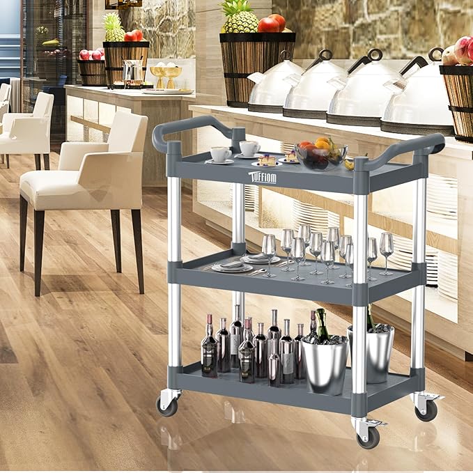 TUFFIOM 3-Tier Plastic Service Utility Cart with Wheels,Heavy Duty 390lbs Capacity,Commercial Rolling for Restaurant, Foodservice, Office, Warehouse, Gray 34.8''L x 17.4''W x 38.6''H