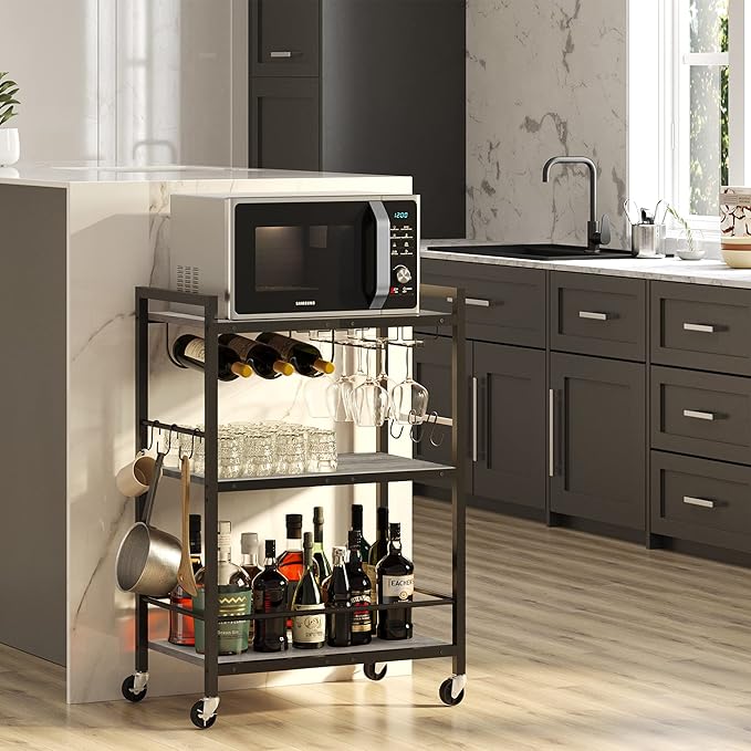 TUTOTAK Bar Cart - Serving Cart for Home - Microwave Cart, Drink Cart, Mobile Kitchen Shelf with Wine Rack and Glass Holder, Rolling Beverage Cart BC01BG030