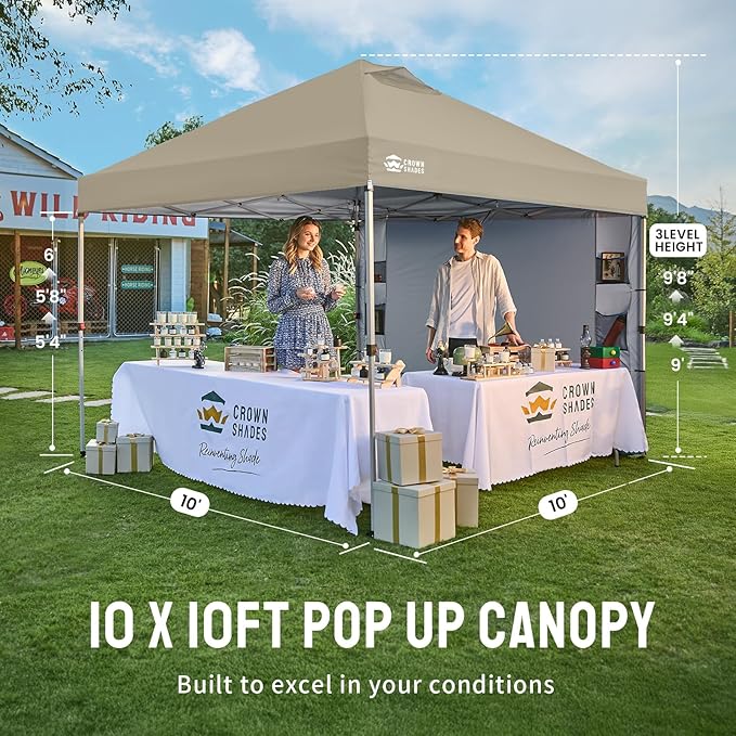 CROWN SHADES Canopy Tent 10x10 Pop Up Canopy Outdoor Shade with Pockets Sidewall, Easy Up Sun Shelter with One Person Set Up Center Lock, Portable Instant Camping Beach Canopy Tents, Beige