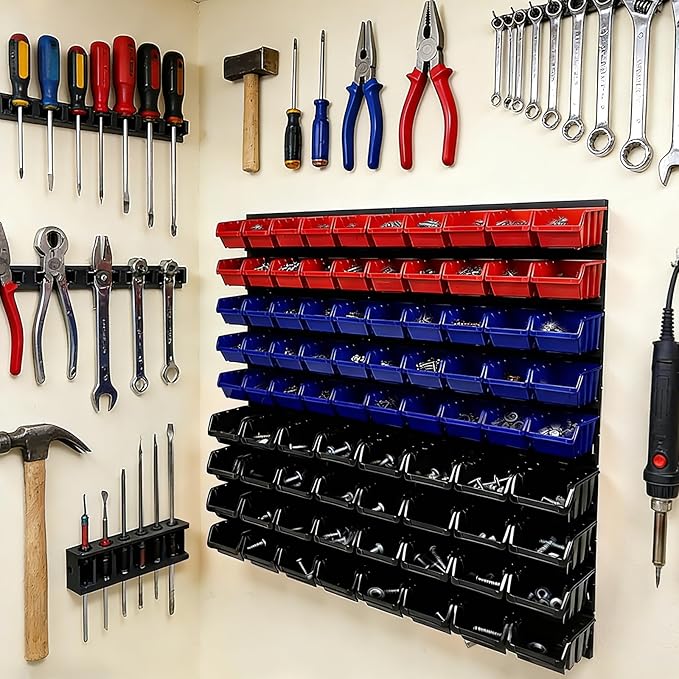 94 Pcs Wall Mounted Storage Bins, Garage Organizer System with Black, Blue, Red Plastic Bins, ABS Material, 30.7 x 30.7 x 5.9 Inch, for Nuts and Bolts Storage