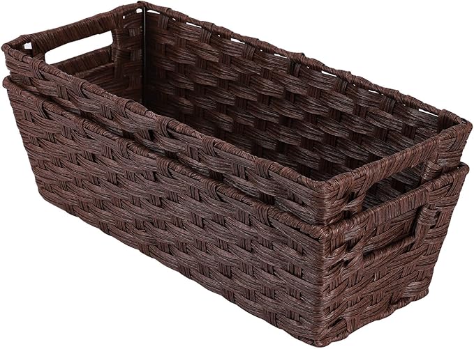 Plastic Wicker Storage Baskets - Toilet Tank & Bathroom Baskets, Woven for Organizing, Brown, 15¾" x 6¾" x 4¾", 2-Pack