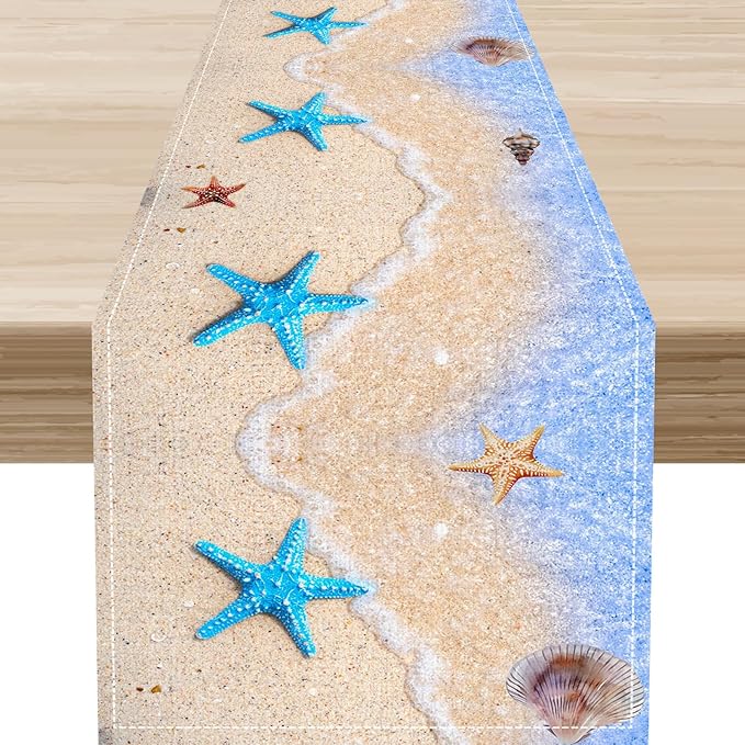 Summer Beach Table Runner, Nautical Starfish Coastal Seashell Ocean Blue Sea Seasonal Coffee Table Center Decor for Home Kitchen Dining Patio Holiday Party Table Decorations 13"x108"