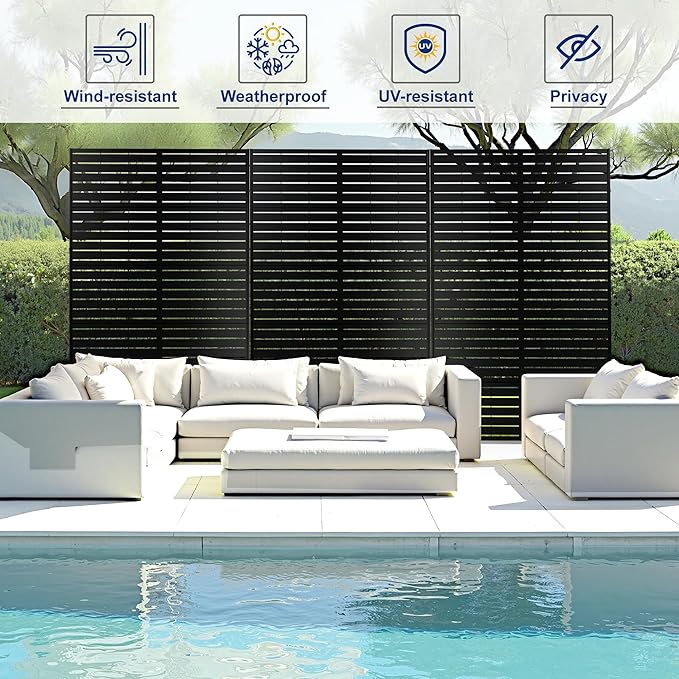 FENCY Metal Privacy Screen with Stand 72" H×44" W Outdoor Freestanding Privacy Panels, Outdoor Privacy Screen for Deck Patio Balcony(Black-Louvered)