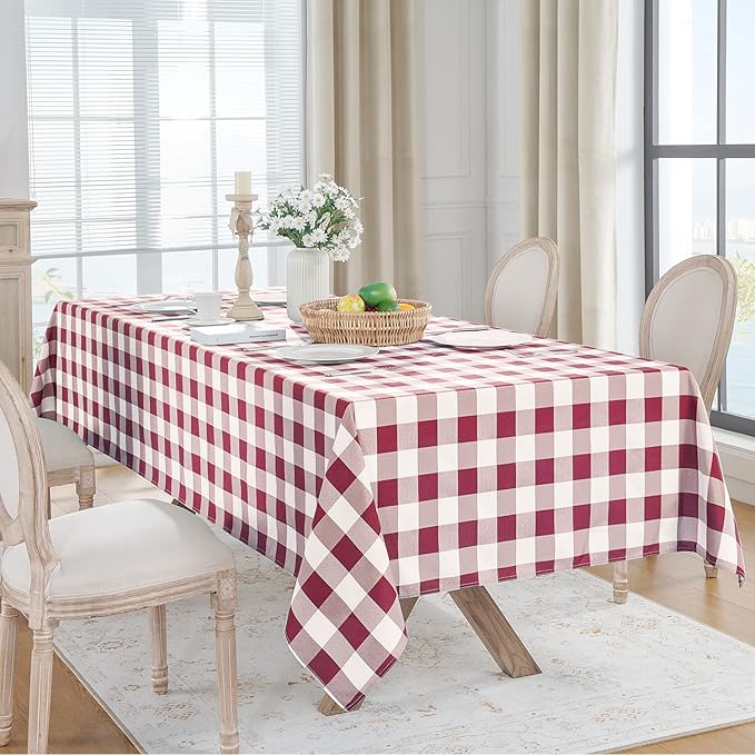 Softalker Gingham Checkered Tablecloth Rectangle - Outdoor Waterproof Buffalo Plaid Table Cloth, Stain Resistant Washable Table Cover for Picnic, Camping, Dining - Burgundy and White, 54 x 78 Inch