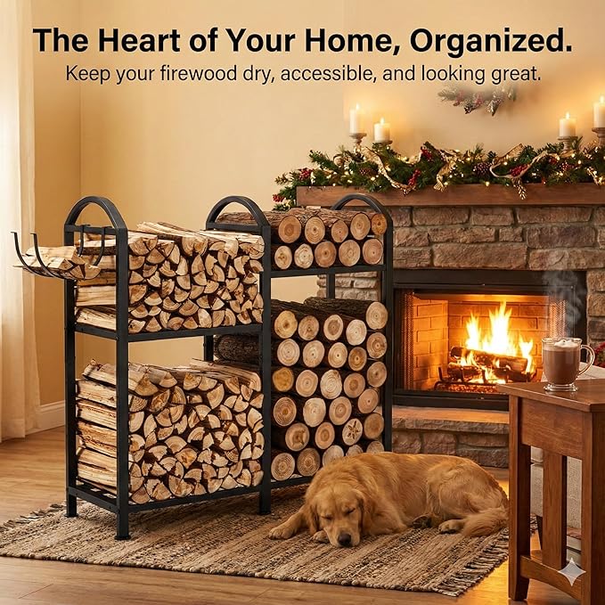 Firewood Rack Indoor With Hooks, 31inch Firewood Rack, log holders for firewood outdoor, Fireplace Wood holder Indoor, Adjustable Small Fire Wood Storage