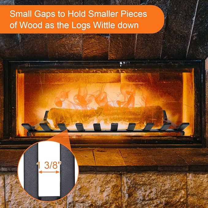 24" Fireplace Grate Wood Stove Grate Rack Fireplace Tools Rack Heavy Duty Solid Steel 10-Bars Log in Holder Easy Assembly Fire Grate for Indoor Hearth Outdoor Firepit Matt Black
