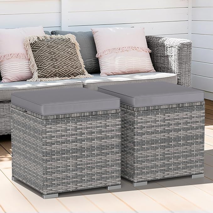 Tangkula 2 Pieces Patio Ottomans, Patiojoy Hand-Woven PE Rattan Side Table with Removable Cushion & Hidden Storage Space, Multifunctional Storage Box, Seat for Patio, Backyard, Poolside (Light Grey)