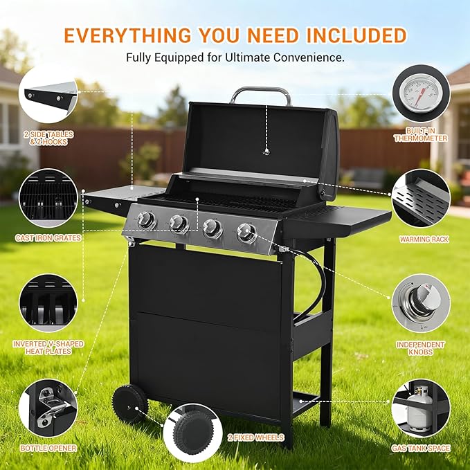 4-Burner Gas Grill with Side Burner & Cover, 51000 BTU Stainless Steel Outdoor BBQ Grill, 452 sq.in Cooking Area, Ideal for Backyard, Patio Large Gatherings