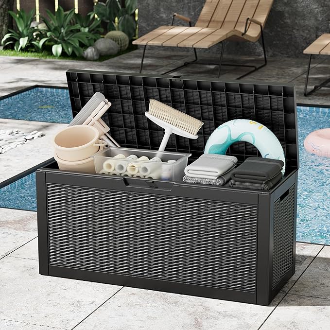 Outdoor Storage Box, 60 Gallon Outside Deck Box Waterproof,Resin Outdoor Storage Cabinet With Lockable Lid,Backyard Storage Bench For Garden Tools,Patio Cushions, Pool Tools, Package Delivery