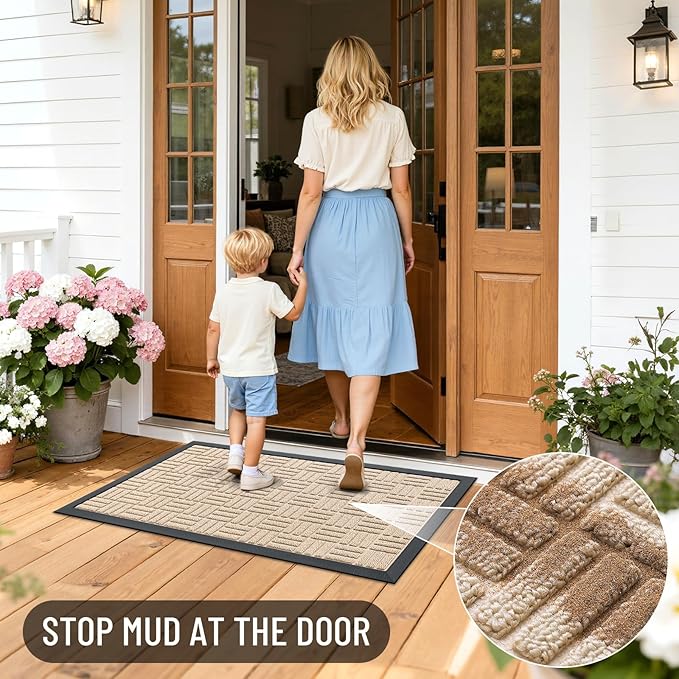 OLANLY Front Door Mat Outside Entrance 35x23, Absorbent, Heavy Duty Sturdy Natural Rubber Doormat Indoor Outdoor, Non-Slip, Stain and Fade Resistant, Low Profile Floor Mat for Entryway, Latte White