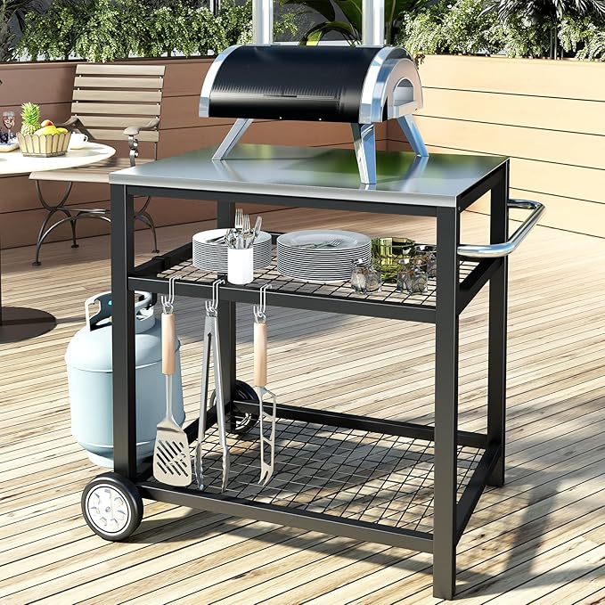 Movable Food Prep and Work Table Stainless Steel Grill Cart Modular Table with Wheels and Handle Double-Shelf Commercial Kitchen Tables Heavy Duty Pizza Oven Stand Outdoor