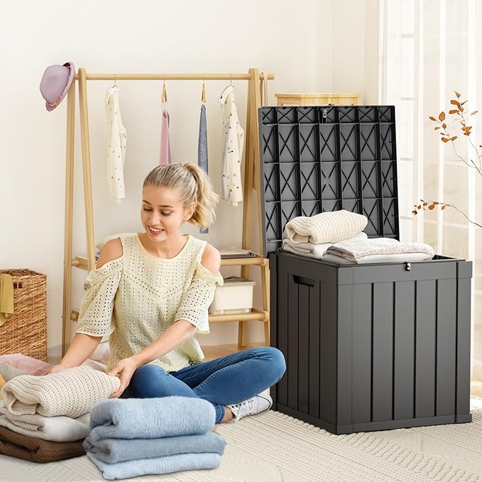 DRATO 50 Gallon Deck Box, Outdoor Storage Box for Patio Cushion, Garden Tools,Waterproof Patio Storage box, Lockable (Black，50 Gallon)