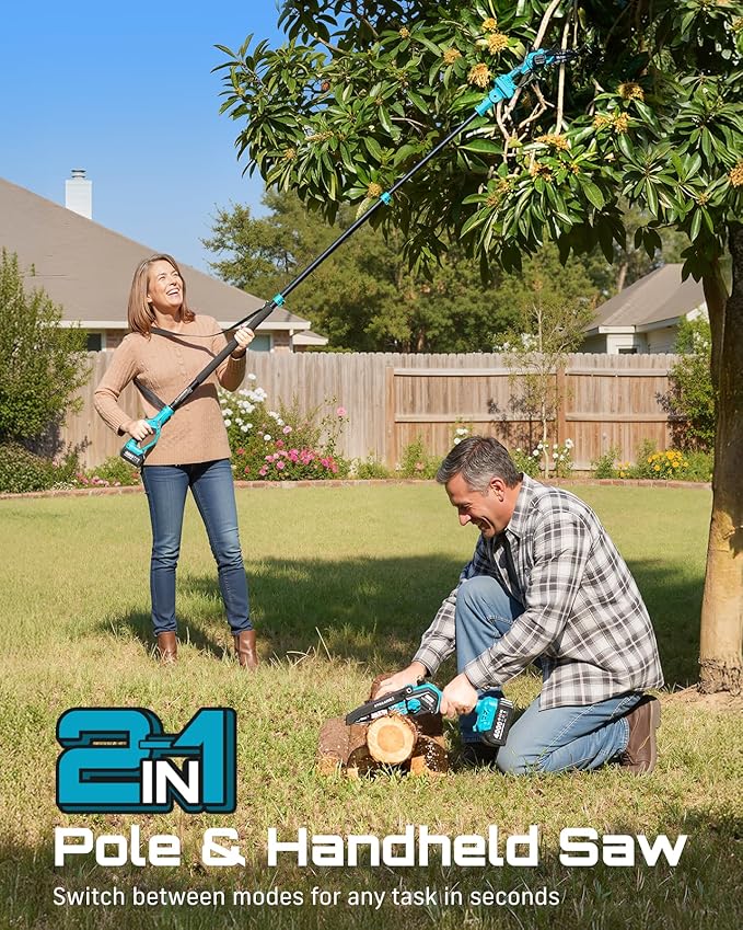SEESII 2-in-1 Electric Pole Saws: Brushless Mini Chainsaw Cordless 6 Inch, 2 x 4000mAh Batteries, Pole Saw for Tree Trimming,Hand held Chain Saw with Extension Pole for Tree Limb Branch Cutter,P6 Ace