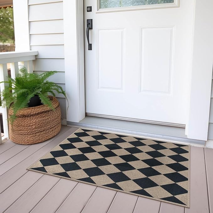 Easy Jute Checkered Entryway Rug, 2x3 Black Modern Indoor Outdoor Doormat, Washable Non-Slip Neutral Small Kitchen Rug Farmhouse Diamond Throw Rugs for Entrance Bedroom Bathroom