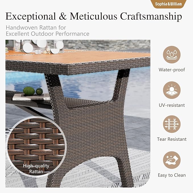 Sophia & William 7 Piece Patio Dining Set, Patio Table and Chairs Set Outdoor Dining Set for 6, Acacia Wood Patio Dining Table Set with PE Rattan Wicker Chairs for Garden, Porch, Backyard