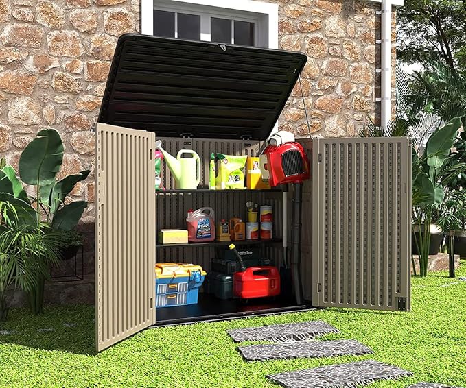 HOMSPARK Storage Shed Weather Resistance, Multi-Purpose Outdoor Storage Cabinet for Backyards and Patios, Horizontal Storage Shed for Lawnmower, Patio Accessories (Brown, X Large - 48 cu.ft)