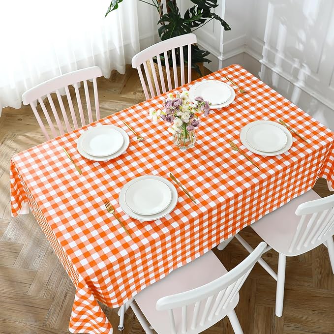 Romanstile Rectangle Vinyl Tablecloth, 100% Waterproof Buffalo Gingham Plastic Table Cloth, Heavy Duty Wipeable Checkered Table Covers for Outdoor, Camping, Picnic, Patio - 54 x 78, Orange and White