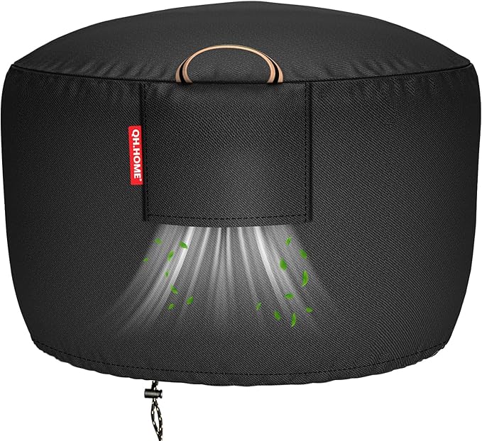 [2025 Upgraded 900D Fabric] Fire Pit Cover Round for 33-36 inch Fire Pit, 900D Heavy Duty Waterproof Fabric with Air Vent, Handle & Tightening Drawstring, 36" Dia x 20" H -Black