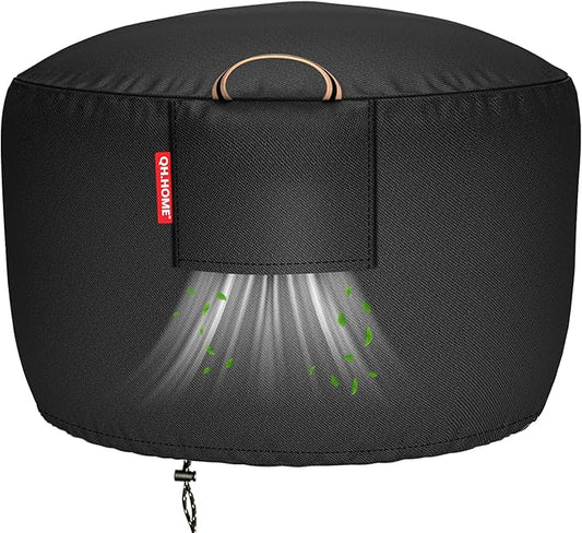 [2025 Upgraded 900D Fabric] Fire Pit Cover Round for 33-36 inch Fire Pit, 900D Heavy Duty Waterproof Fabric with Air Vent, Handle & Tightening Drawstring, 36" Dia x 20" H -Black
