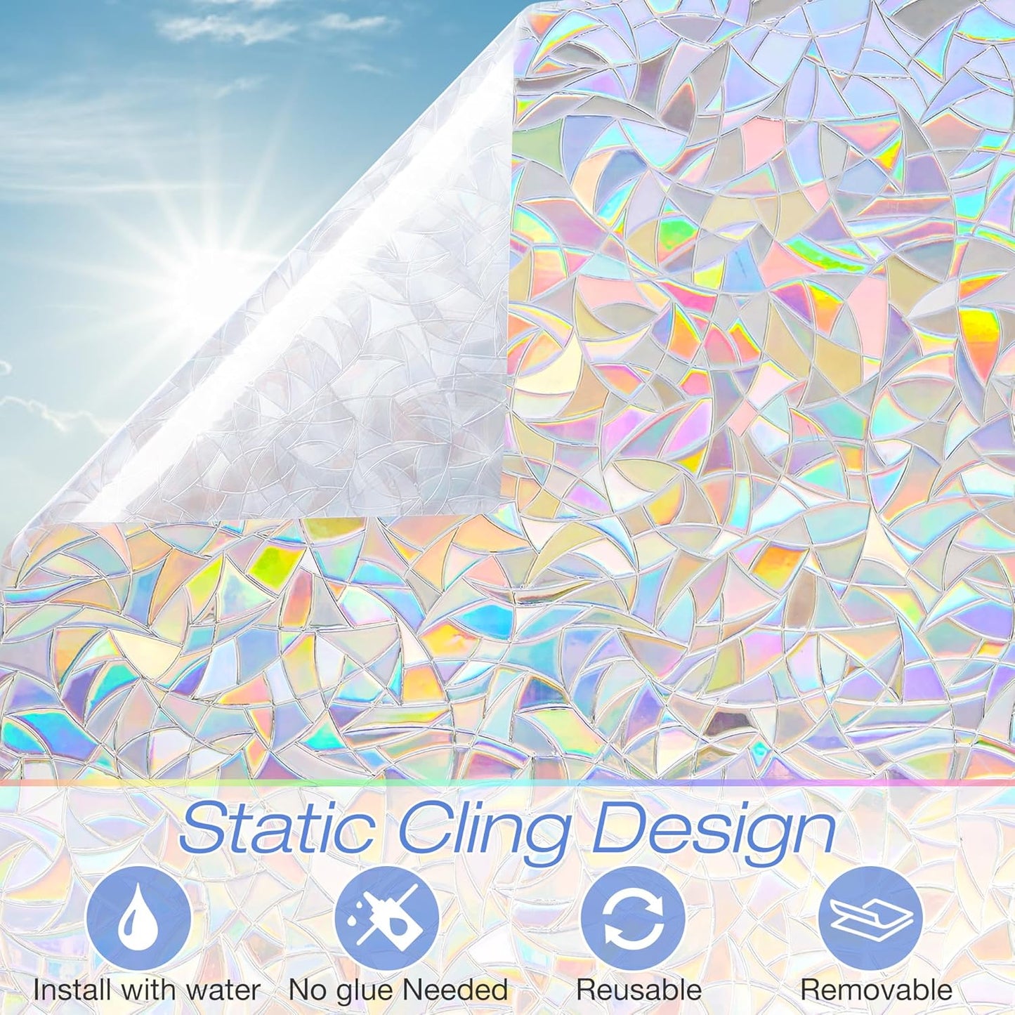 Homein Window Privacy Film, Rainbow Window Film Decorative 3D Window Clings Non Adhesive Window Tint for Home, Stained Glass Window Film for Glass, UV Blocking, 17.5 x 78.7 inches