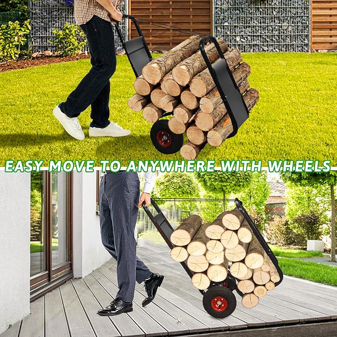 Kapler Firewood Cart with Wheels - Heavy Duty Steel Dolly Hauler - 250 LB Capacity & 600D Oxford Cloth for Indoor Outdoor Fireplace Fire Pit Use