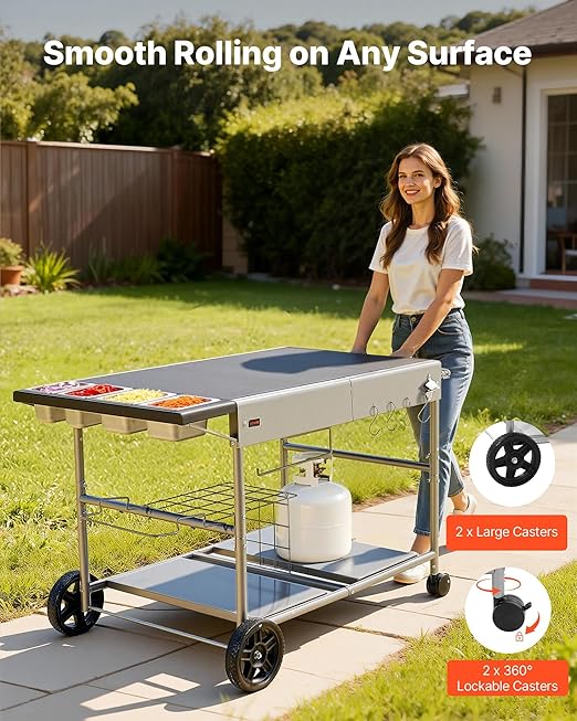 VEVOR Outdoor Grill Cart, 36.4 x 23.4 x 1 inch Tabletop Size Grilling Table, Movable Outdoor Cooking Table with 4 Spice Containers, Wheels, Lids, Hooks, BBQ Prep Tables for Picnic, Kitchen, Courtyard