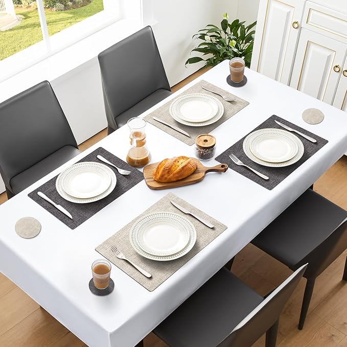 MOSAYT Faux Leather Placemats Set of 6, Heat Resistant Wipeable Washable Vinyl Place Mats with Coasters, Waterproof Oil Proof Table Mats for Kitchen Dining Party Outdoor, 12" x 17", Grey Beige