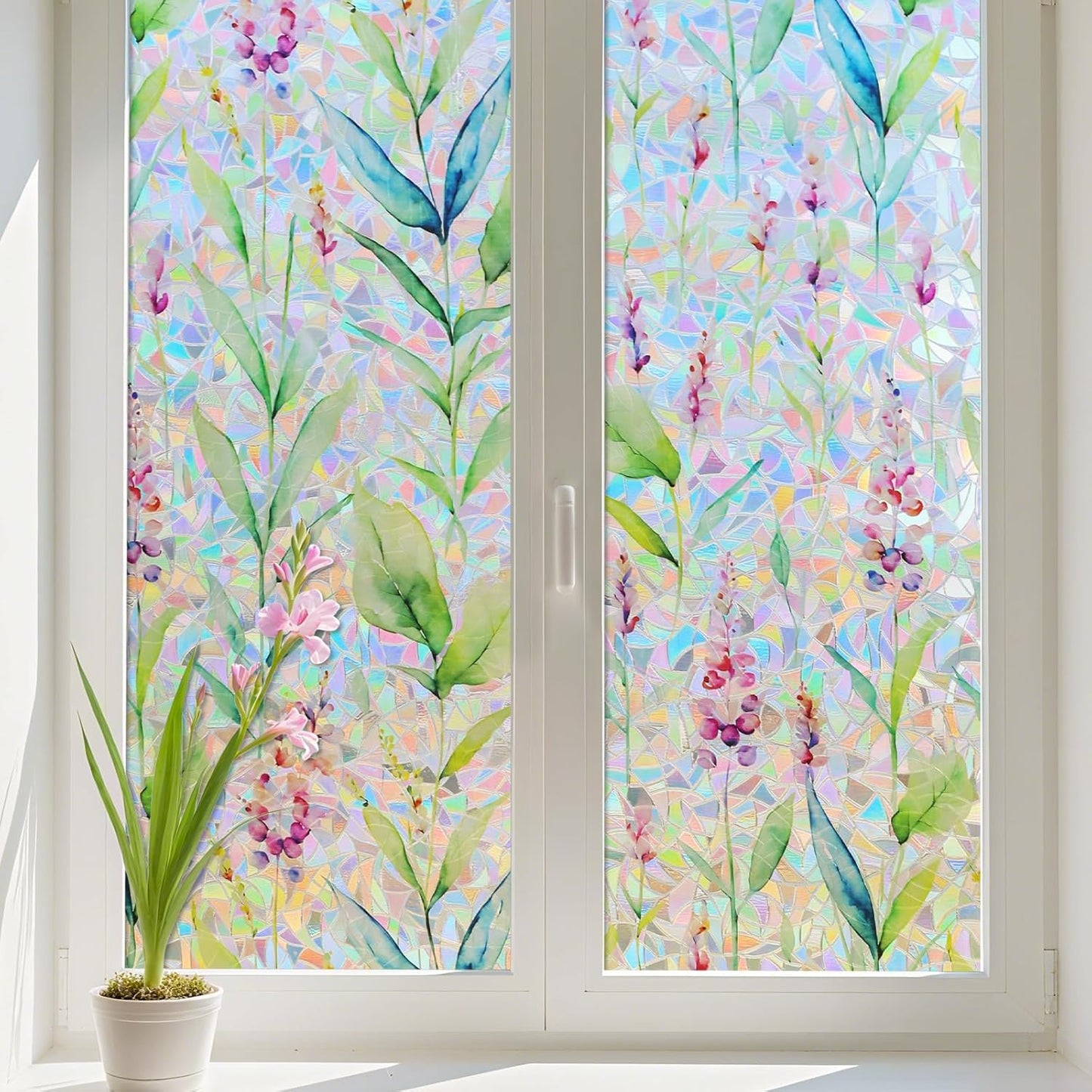 Donox Decorative Window Privacy Film, 3D Floral Stained Glass Window Film Static Cling Rainbow Privacy Sticker for Glass Door Heat Control Anti UV, No Adhesive (Gladiolus,35.4 x 78.7 inches)