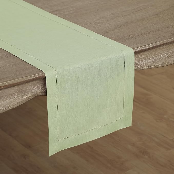 Solino Home Linen Sage Green Table Runner 132 Inches Long - 100% Pure Linen Extra Long Table Runner 14 x 132 Inch for Spring, Easter, St Patricks Day - Classic Hemstitch
