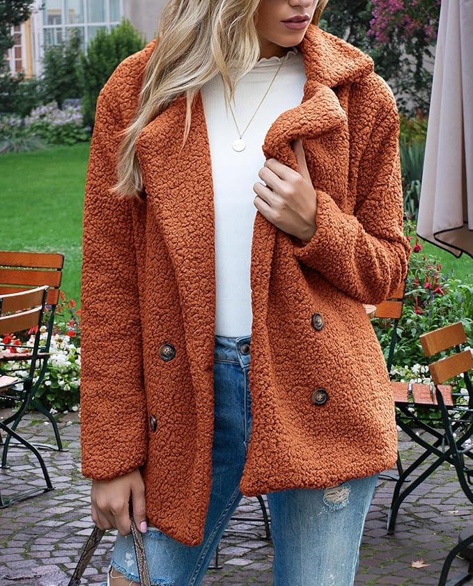 Women's Winter Warm Plush Cardigan Fuzzy Fleece Lapel Jacket with Buttons Pockets Long Sleeve Casual Outerwear
