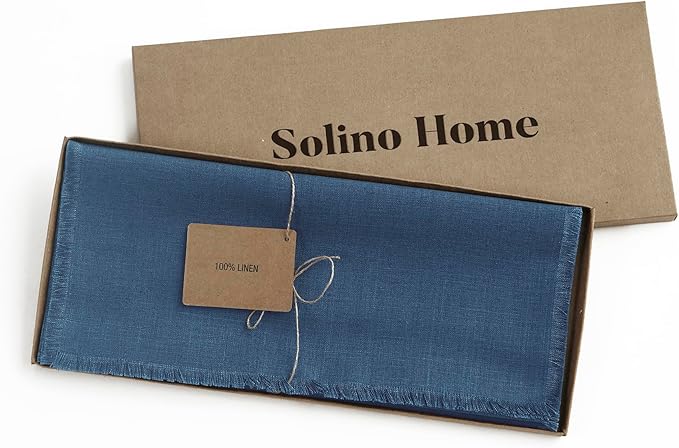 Solino Home Linen Vintage Blue Table Runner 90 Inches Long - Fringe, 100% Pure Linen Dining Table Runner 14 x 90 Inch for Winter, Spring, Easter