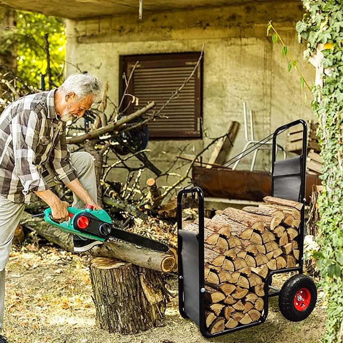 Kapler Firewood Cart with Wheels - Heavy Duty Steel Dolly Hauler - 250 LB Capacity & 600D Oxford Cloth for Indoor Outdoor Fireplace Fire Pit Use