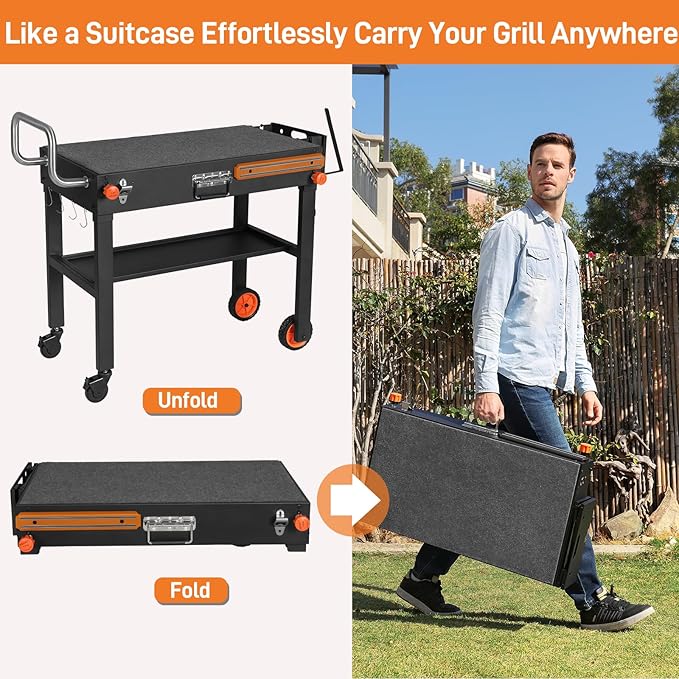Rolling Grill Cart with Spice Rack, Blackstone Stand for 17"& 22" Griddle, Grill Stand with Storage Shelf, Griddle Table for Ninja, Weber, Portable Grills Table for Patio, Backyard, Camping