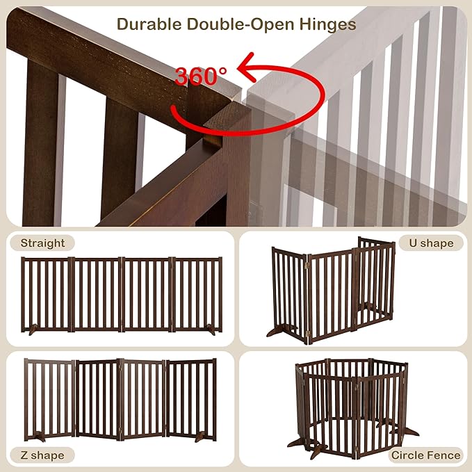 30" Height Tall Freestanding Pet Gate, Solid Wood Folding Safety Fence Wooden Dog Gate with 2 PCs Support Feet Ideal for Stairs, Doorways, Halls, Kitchens, Heavy Duty Gates, 4 Panels, Walnut