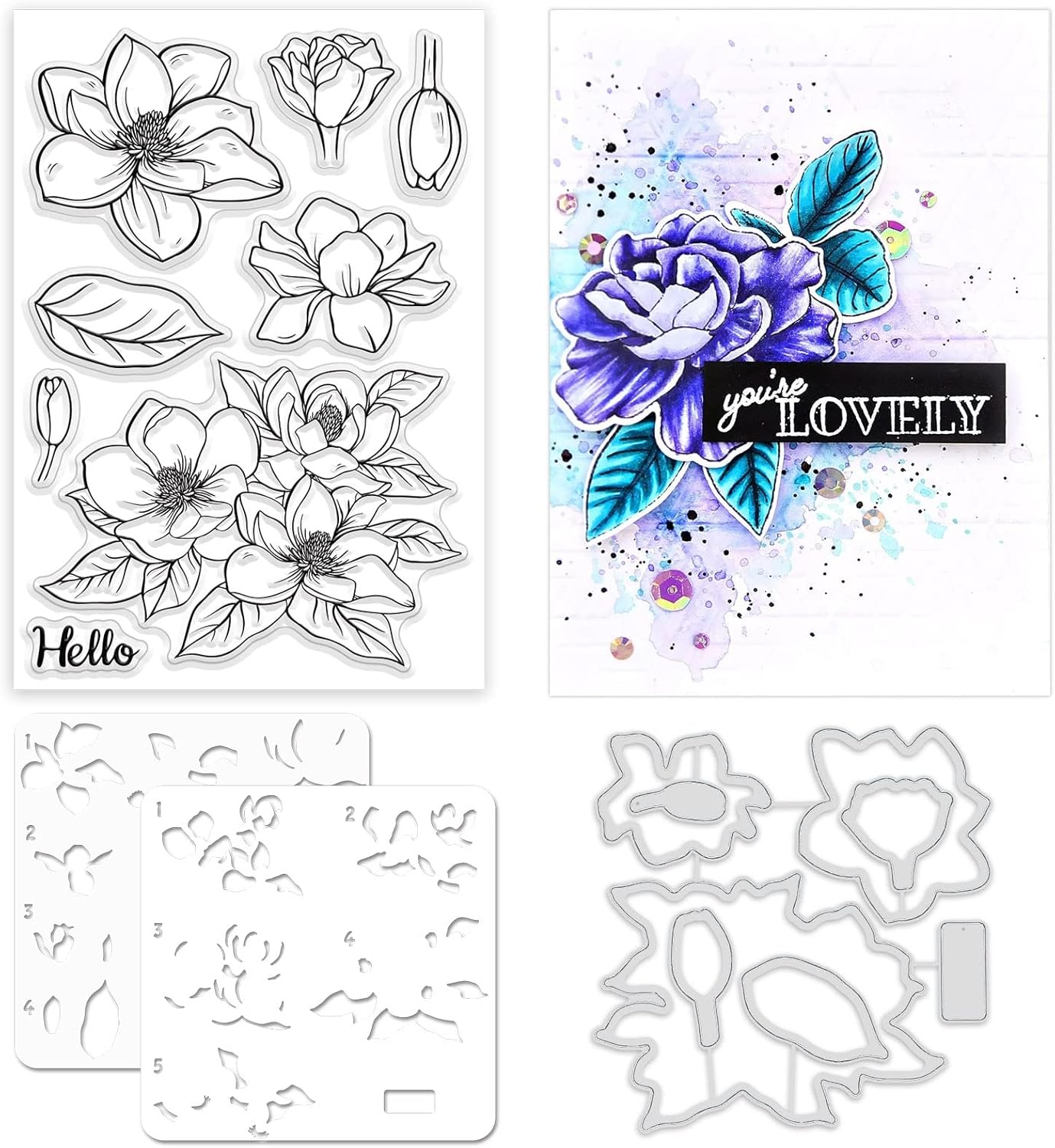 ORIGACH Realistic Magnolia Flower Stamps and Die and Layering Coloring Stencil Bundle for Card Making Album Arts Crafts Supplies