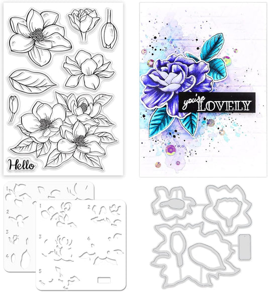 ORIGACH Realistic Magnolia Flower Stamps and Die and Layering Coloring Stencil Bundle for Card Making Album Arts Crafts Supplies