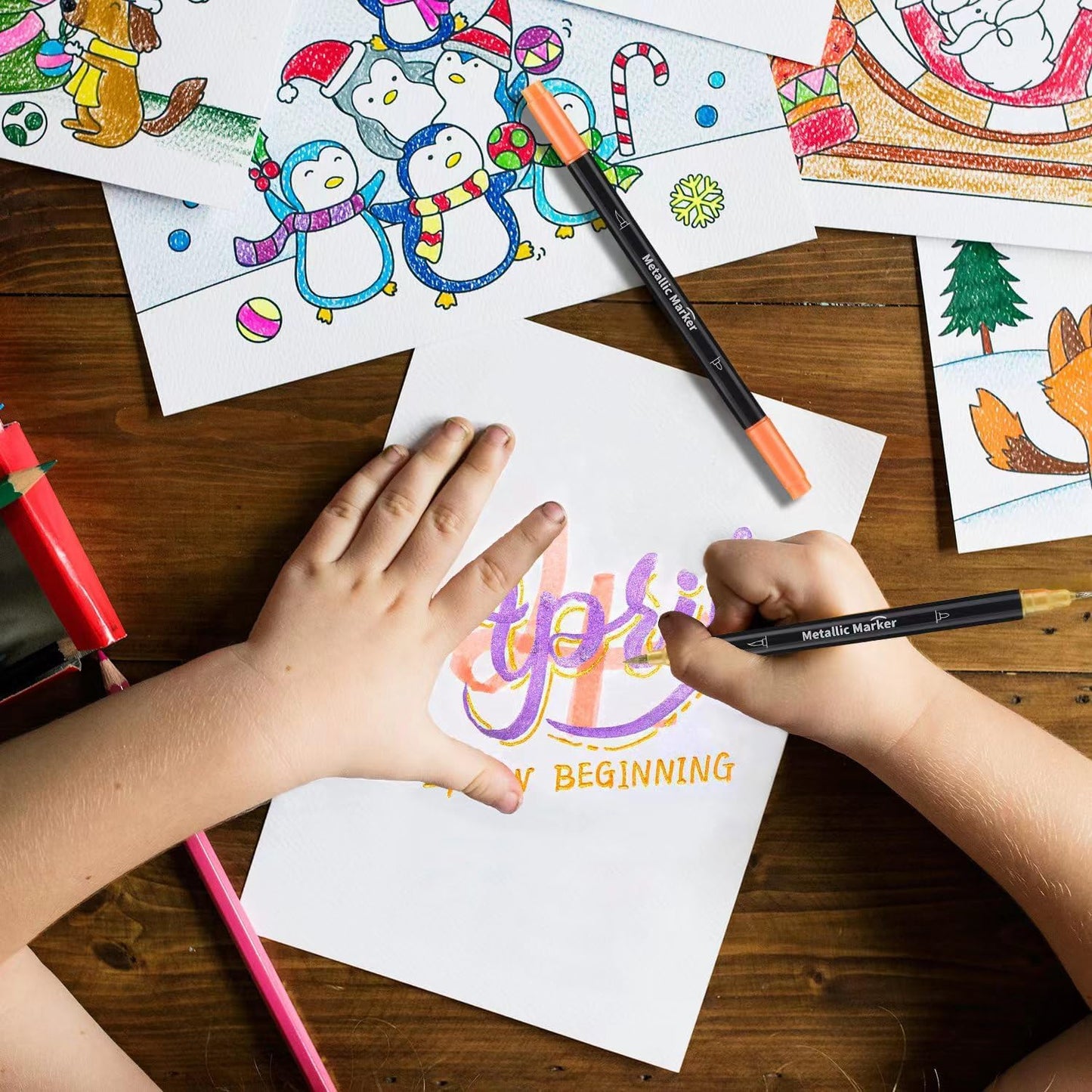 Colourcolor Pack of 12 Metallic Marker Pens - Dual Tip Brush & Fine Point Pens for DIY Album, Black Cards, Rock Painting, Card Making, Scrapbooking, Fabric, Metal, Ceramics, Wine Glass