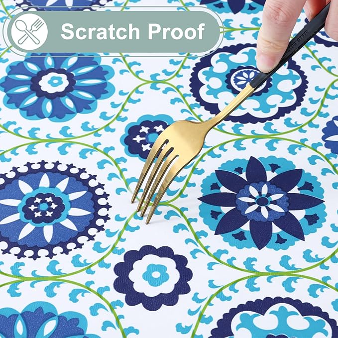 misaya Round Waterproof Vinyl Table Cloth, Wipeable Tablecloth with Flannel Backing, Plastic Table Cover for Dinner, Picnic, Indoor and Outdoor (Navy Mandala, 60")