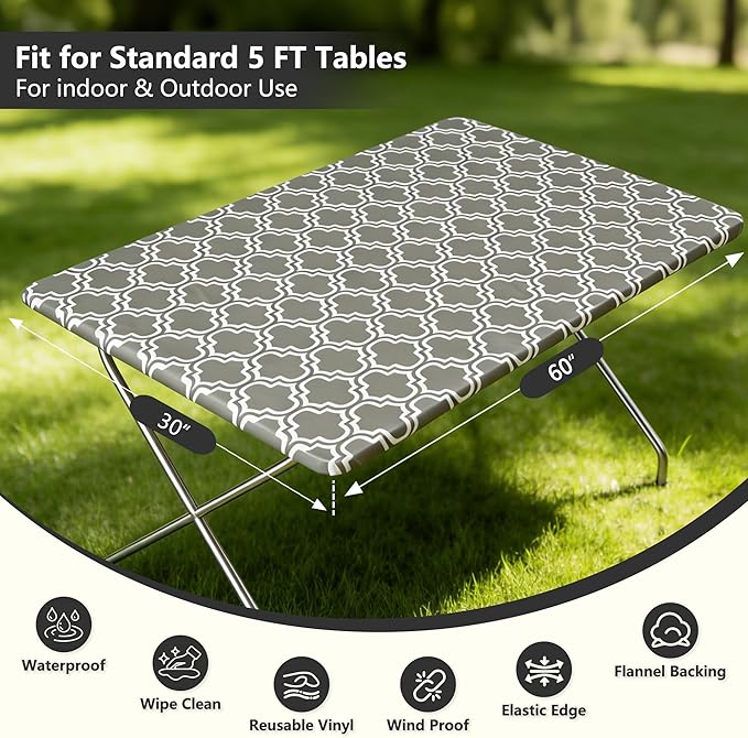 Rectangle Picnic Table Cloth, Elastic Waterproof Fitted Vinyl Tablecloths for 5 Foot Tables, Wipeable Flannel Backed Table Covers for Dining, Camping, Outdoor(Grey,30"x60")