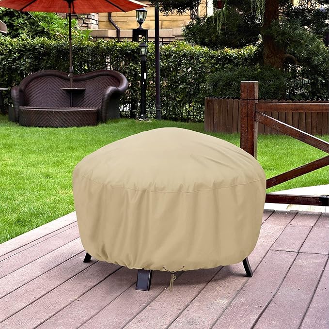 SunPatio Fire Pit Cover 32 Inch, Heavy Duty Waterproof Round Fire Bowl Cover, Small Furniture Ottoman Table Protector, All Weather Protection, Beige