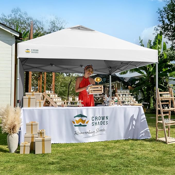 CROWN SHADES 12x12 Pop Up Canopy Tent Instant Commercial with 150D Silver Coated Fabric Including 1 Removable Sidewall, 4 Ropes, 8 Stakes, Weight Bags, STO 'N Go Bag, White