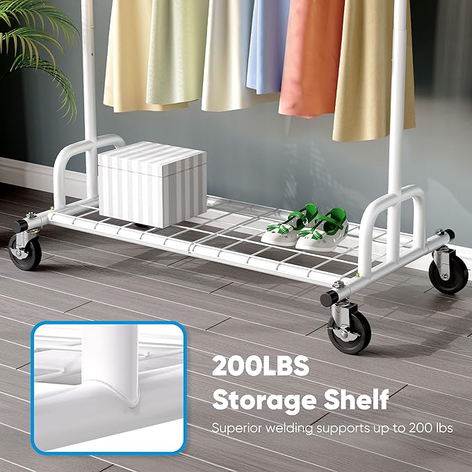 HOKEEPER Clothes Rack Collapsible Clothing Garment Rack Capacity 525LBS Clothing Racks on Wheels Heavy Duty Rolling Clothes Rack for Hanging Clothes for bedroom, Commercial, White 22"D x 75"W x 71"H