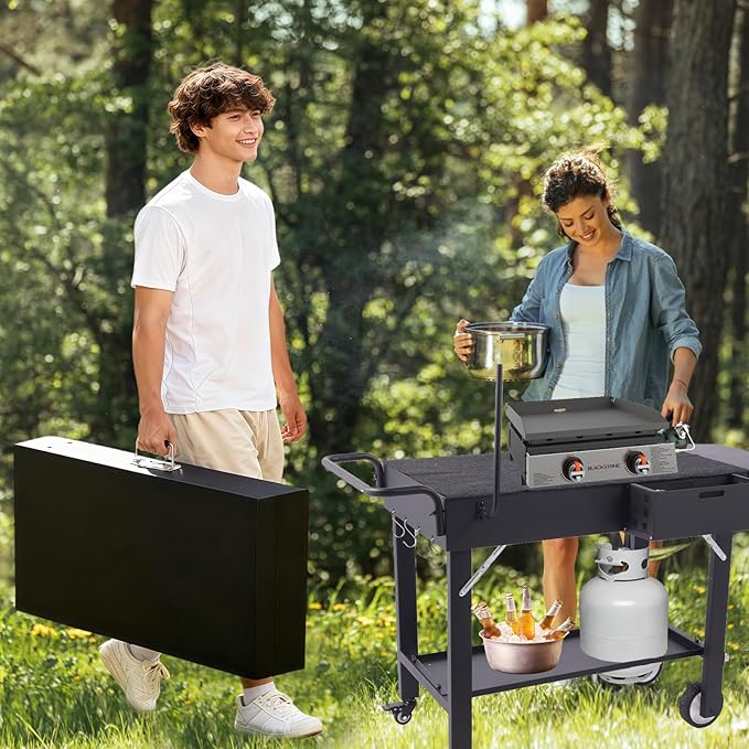 Foldable Grill Cart for Blackstone Griddle, Portable Outdoor Griddle Stand for 17" & 22" Blackstone, Ninja Woodfire & Pizza Oven, Mobile BBQ Prep Table with Side Shelf & Storage