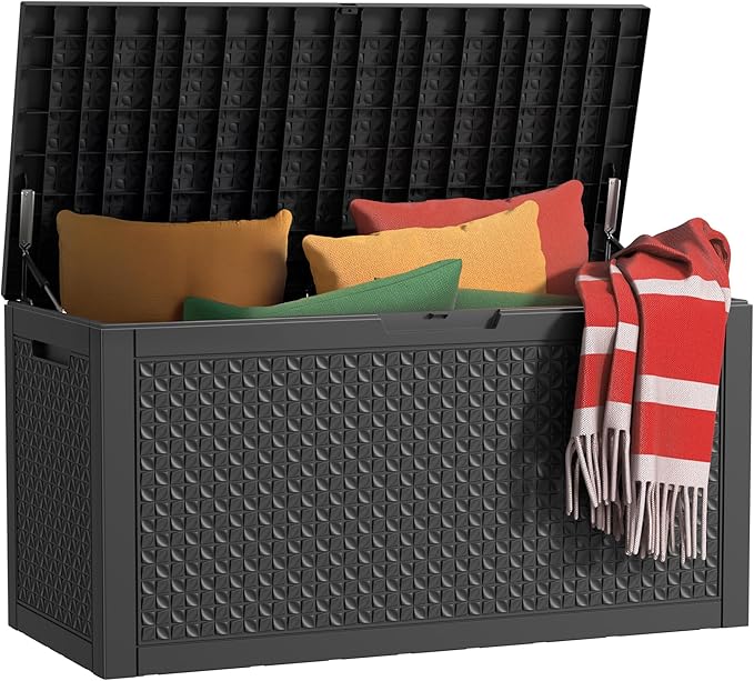 EasyUp 121 Gallon Outdoor Storage Box Waterproof, UV Resistant Resin Deck Box with Hydraulic Rod, Reinforced Stability for Patio, Garden, Quad Leaf Black