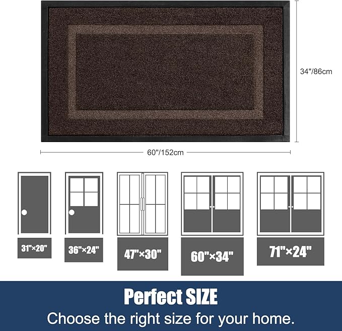 Extra Large Front Door Mat Outside Entrance Indoor Doormat, 60" x 34" Outdoor Mats for Patio Waterproof, Outdoor Door Mats for Outside Entry, Indoor Rugs for Entryway, Sturdy Natural Rubber, Brown