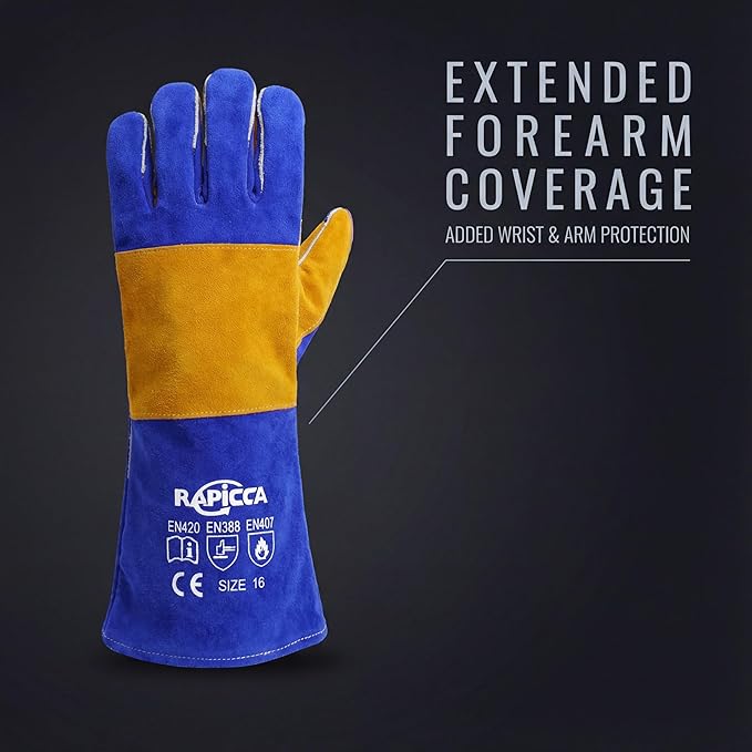 RAPICCA Welding Gloves Fire Heat Resistant: Blue 16IN 932℉ - Fireproof Leather For Stick Mig Flux-Core Welder Forge Blacksmith Fireplace Wood Stove Fire Pit Grill Oven Furnace Handling Dry Ice